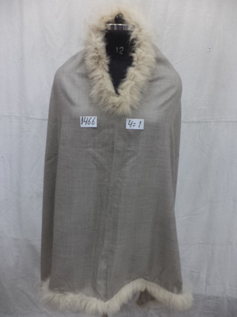 Black Merino Wool With Fur Neck And Border Poncho