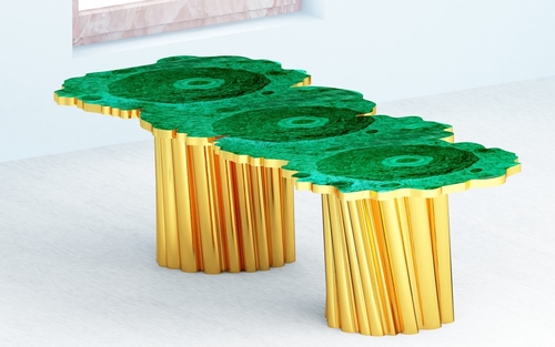 पीतल की ठोस सतह के साथ मेलाकाइट बुक मैचिंग टेबल