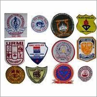 Custom School Badges - Metal, Round Shape | Blue, Yellow, White Cloth Decoration with Custom Design Logo and Printed Pattern