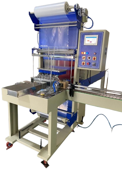 Automatic Sleeve Wrapping Machine - 84" x 30" x 60" Size, Blue Color | Heavy Duty S.S. 304, 15 Pcs/min Capacity, PLC Control System, Pneumatic Drive