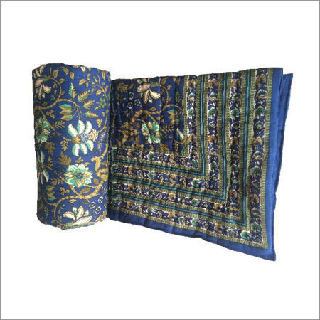Printed Double Bed Quilt - Cotton Double Size Blue, Reversible Hand-block Print, Elegant Design