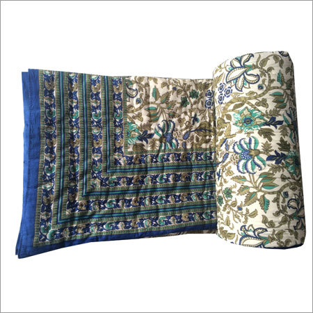 Printed Double Bed Quilt - Cotton Double Size Blue, Reversible Hand-block Print, Elegant Design