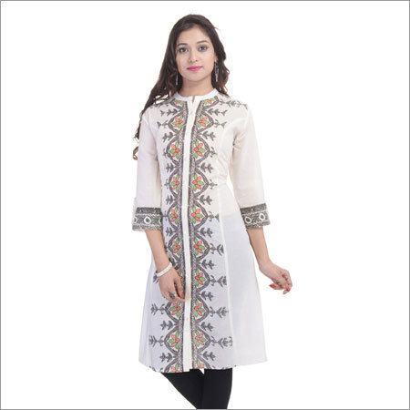 Colored Cotton Kurtis - 100% Cotton, Length 42 Inches, White With Printed Pattern | 3/4th Sleeves, Casual & Formal Wear, Ethnic Style, Washable, Available In Sizes S, M, L, Xl, Xxl