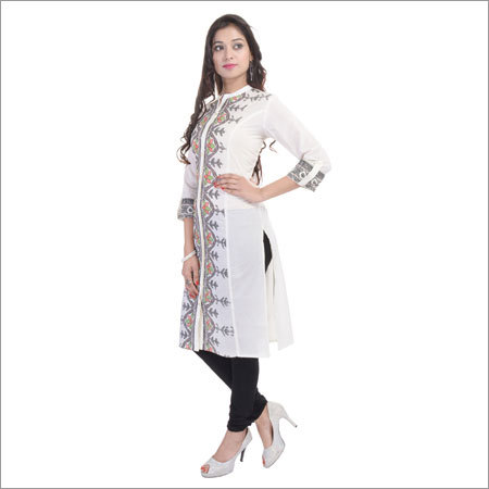 Colored Cotton Kurtis - 100% Cotton, Length 42 Inches, White With Printed Pattern | 3/4th Sleeves, Casual & Formal Wear, Ethnic Style, Washable, Available In Sizes S, M, L, Xl, Xxl