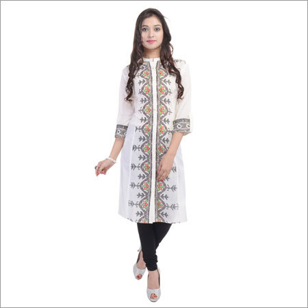 Colored Cotton Kurtis - 100% Cotton, Length 42 Inches, White With Printed Pattern | 3/4th Sleeves, Casual & Formal Wear, Ethnic Style, Washable, Available In Sizes S, M, L, Xl, Xxl