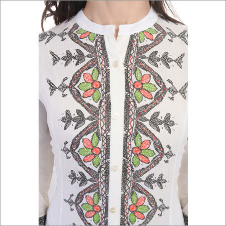 Colored Cotton Kurtis - 100% Cotton, Length 42 Inches, White With Printed Pattern | 3/4th Sleeves, Casual & Formal Wear, Ethnic Style, Washable, Available In Sizes S, M, L, Xl, Xxl