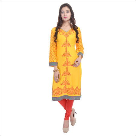 Yellow Multi Colored Cotton Kurtis
