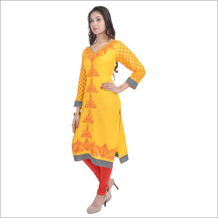 Yellow Multi Colored Cotton Kurtis