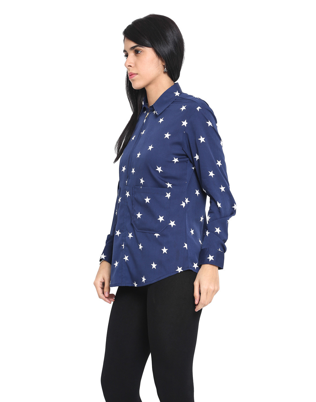 Pocket Zipper Star Print Top
