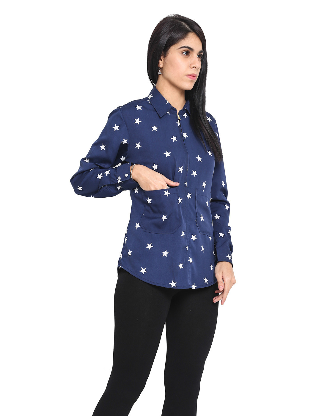 Pocket Zipper Star Print Top
