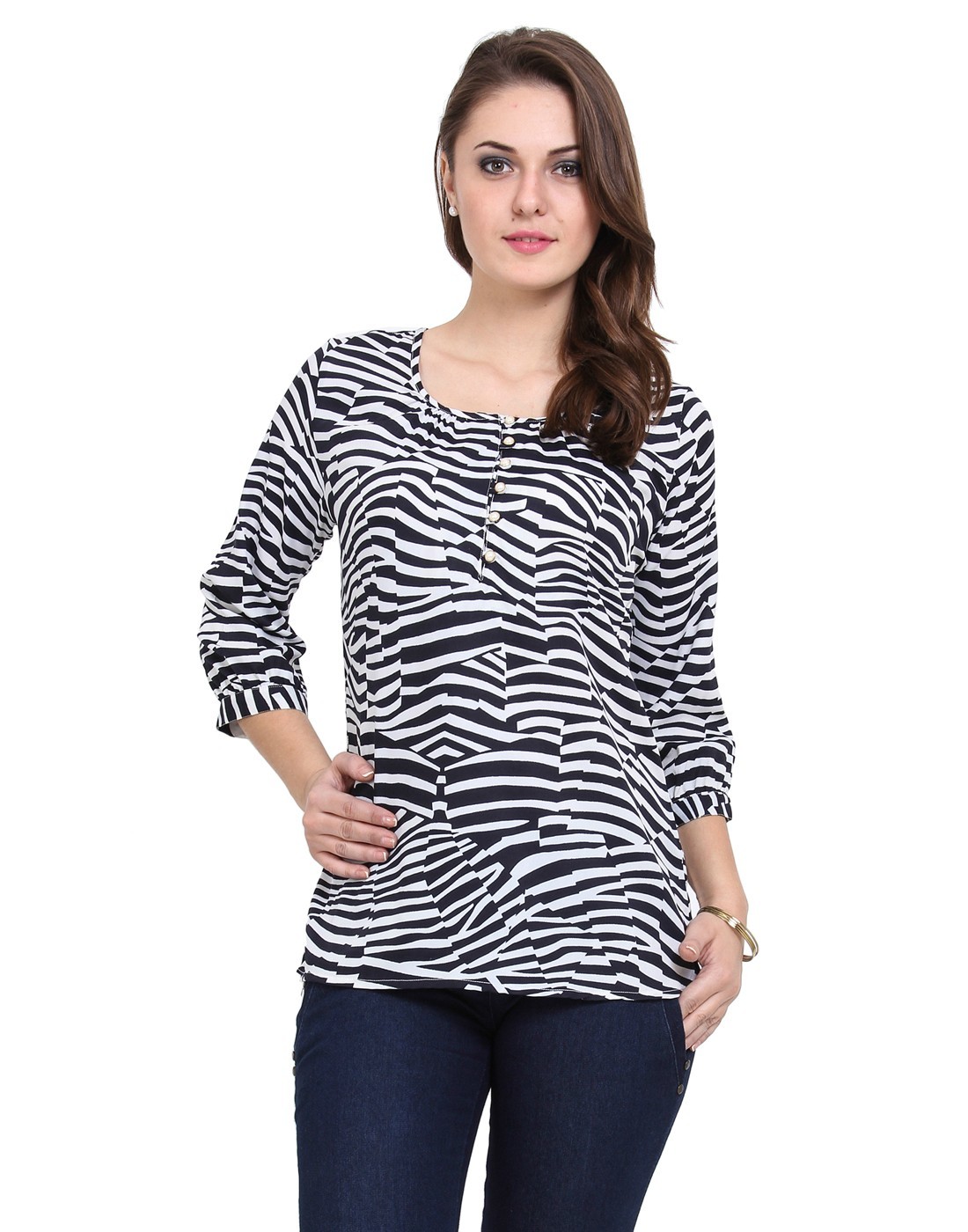 Scooped Neck Top - Polyester, 26 Inch, White | Comfortable, Stylish, Durable, Soft Fabric, Perfect Fit, Zebra Pattern, Three-quarter Sleeve