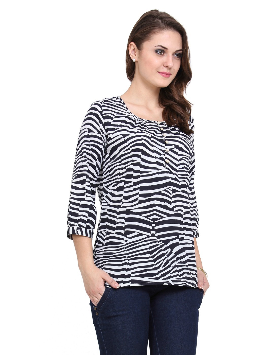 Scooped Neck Top - Polyester, 26 Inch, White | Comfortable, Stylish, Durable, Soft Fabric, Perfect Fit, Zebra Pattern, Three-quarter Sleeve
