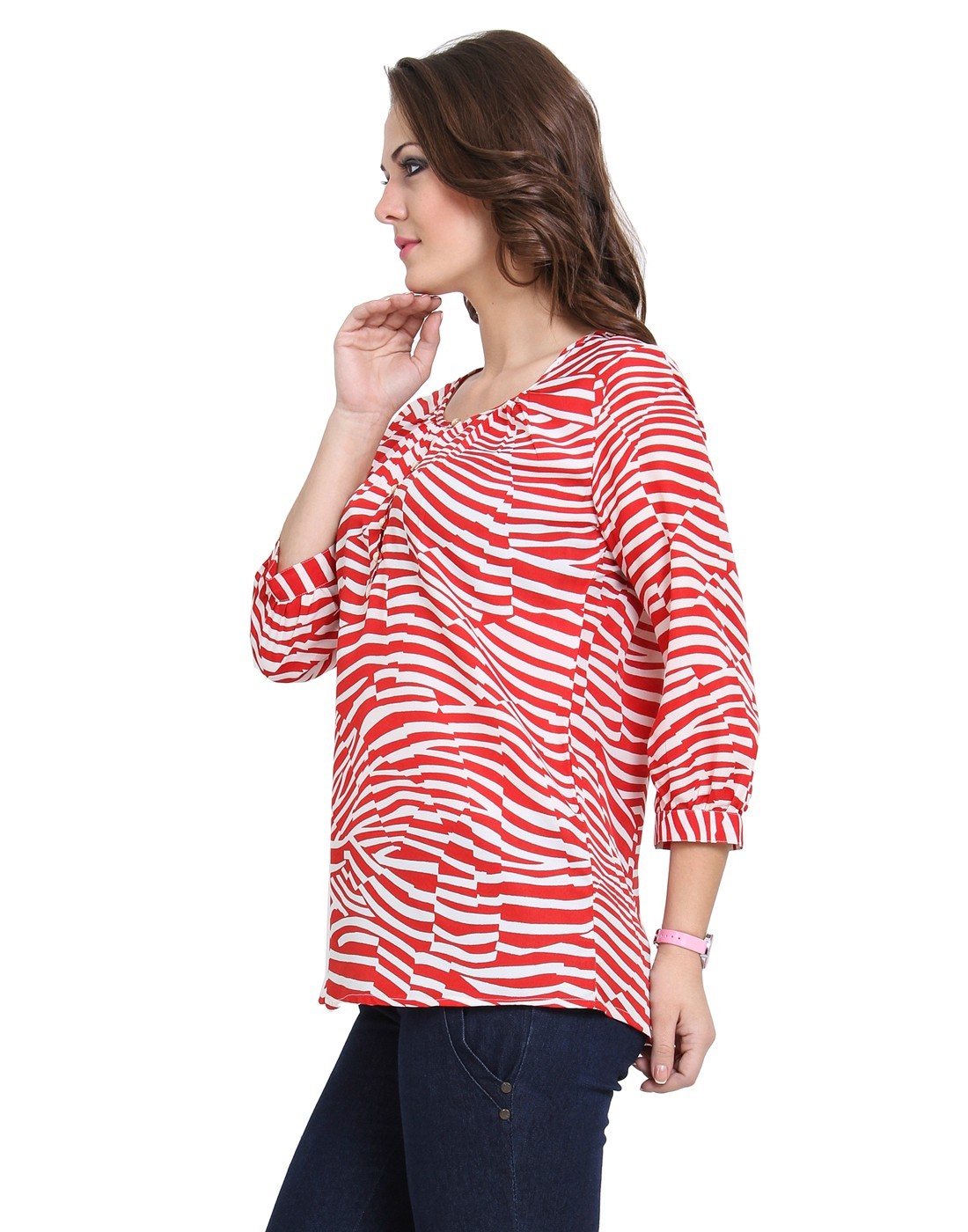 Scooped Neck Top - Cotton Blend, Sizes S-xxl, Red | Soft Fabric, Stylish Design, Comfortable Fit, Zebra Print, Three Quarter Sleeve