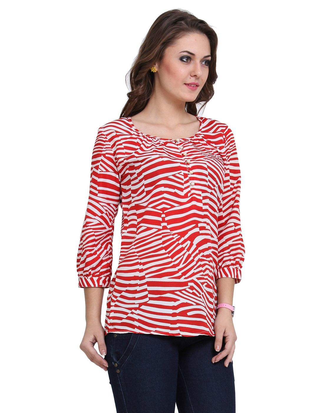 Scooped Neck Top - Cotton Blend, Sizes S-xxl, Red | Soft Fabric, Stylish Design, Comfortable Fit, Zebra Print, Three Quarter Sleeve