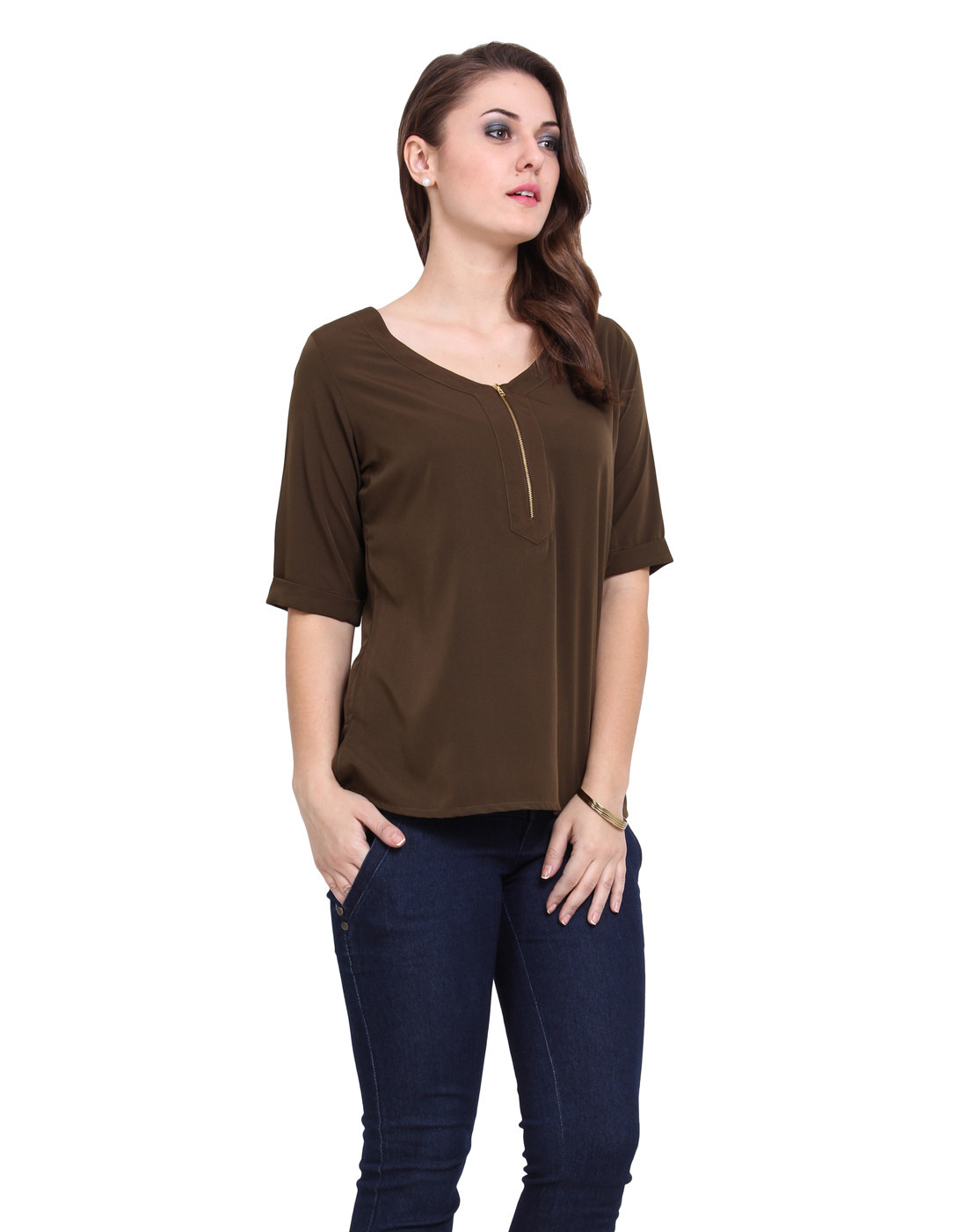 Zipper Top - Polyester, S-xxl, Brown | Stylish Design, Comfortable Fit, Half Sleeves, V-neck