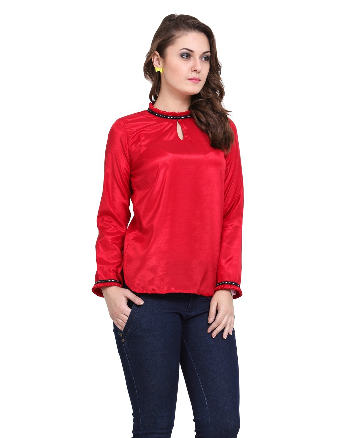 Ruffled Neck Back Button Top