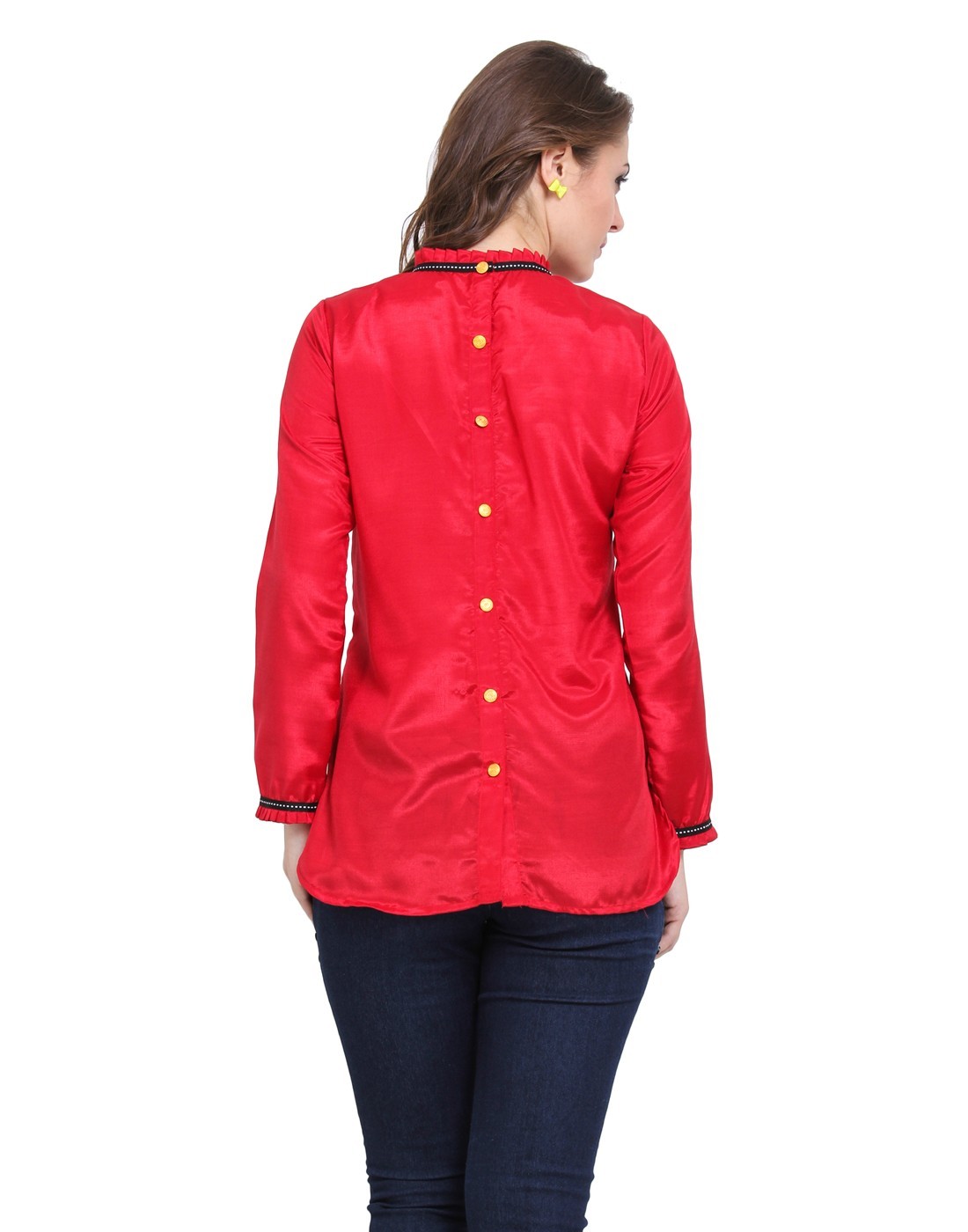 Ruffled Neck Back Button Top