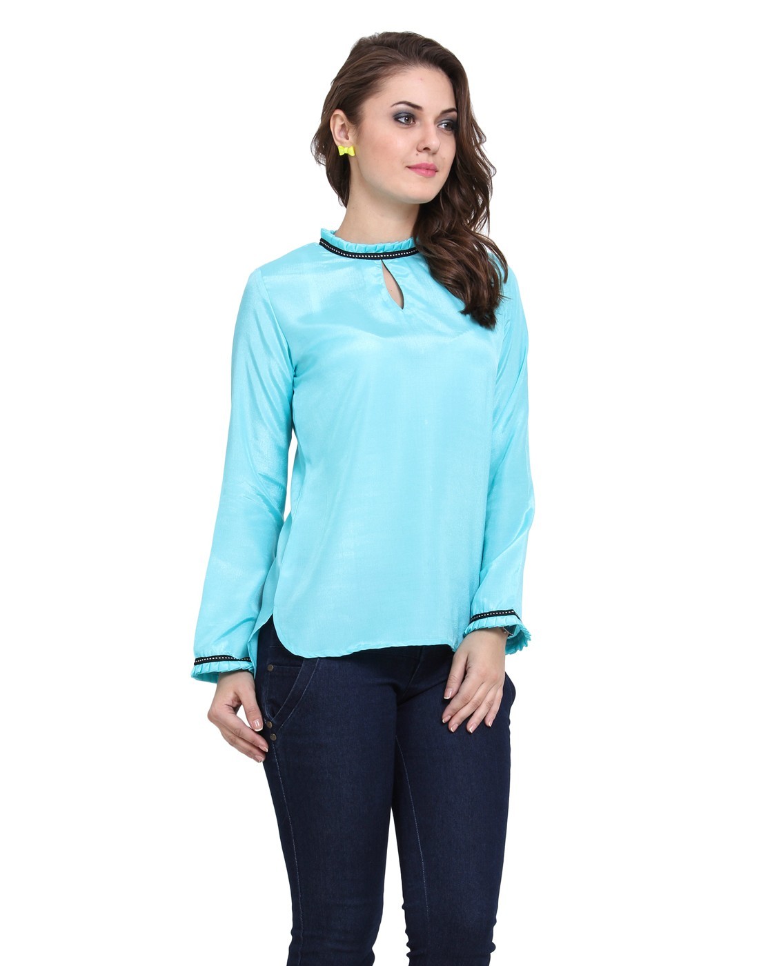 Ruffled Neck Back Button Top