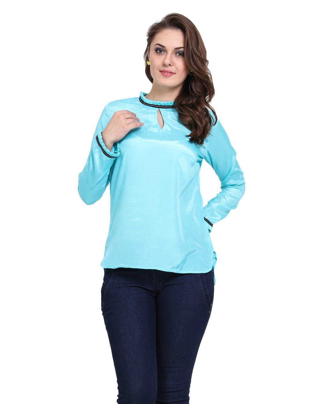 Ruffled Neck Back Button Top