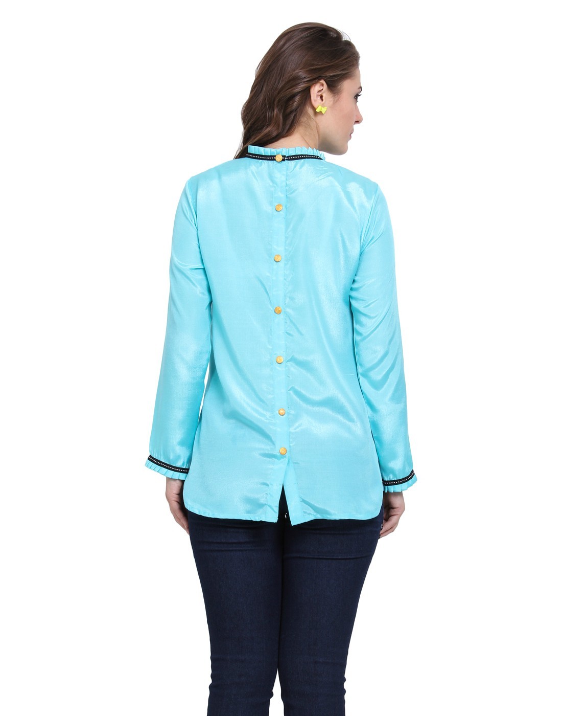 Ruffled Neck Back Button Top