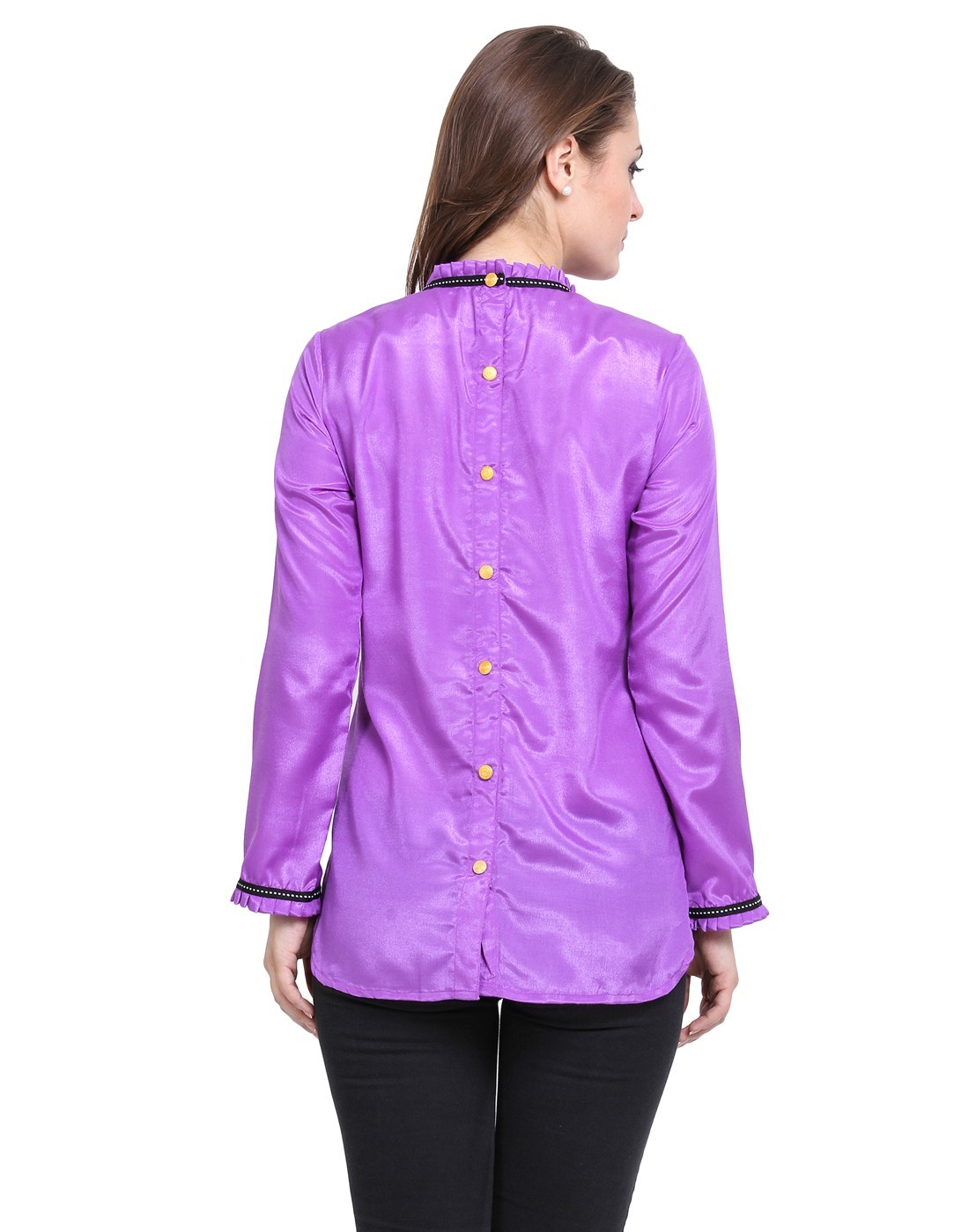 Ruffled Neck Back Button Top