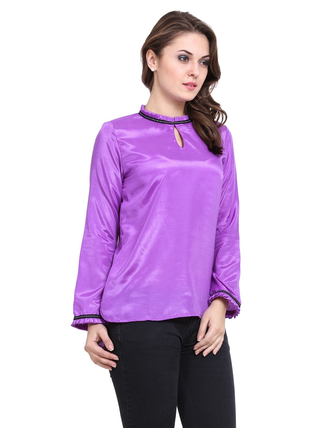 Ruffled Neck Back Button Top