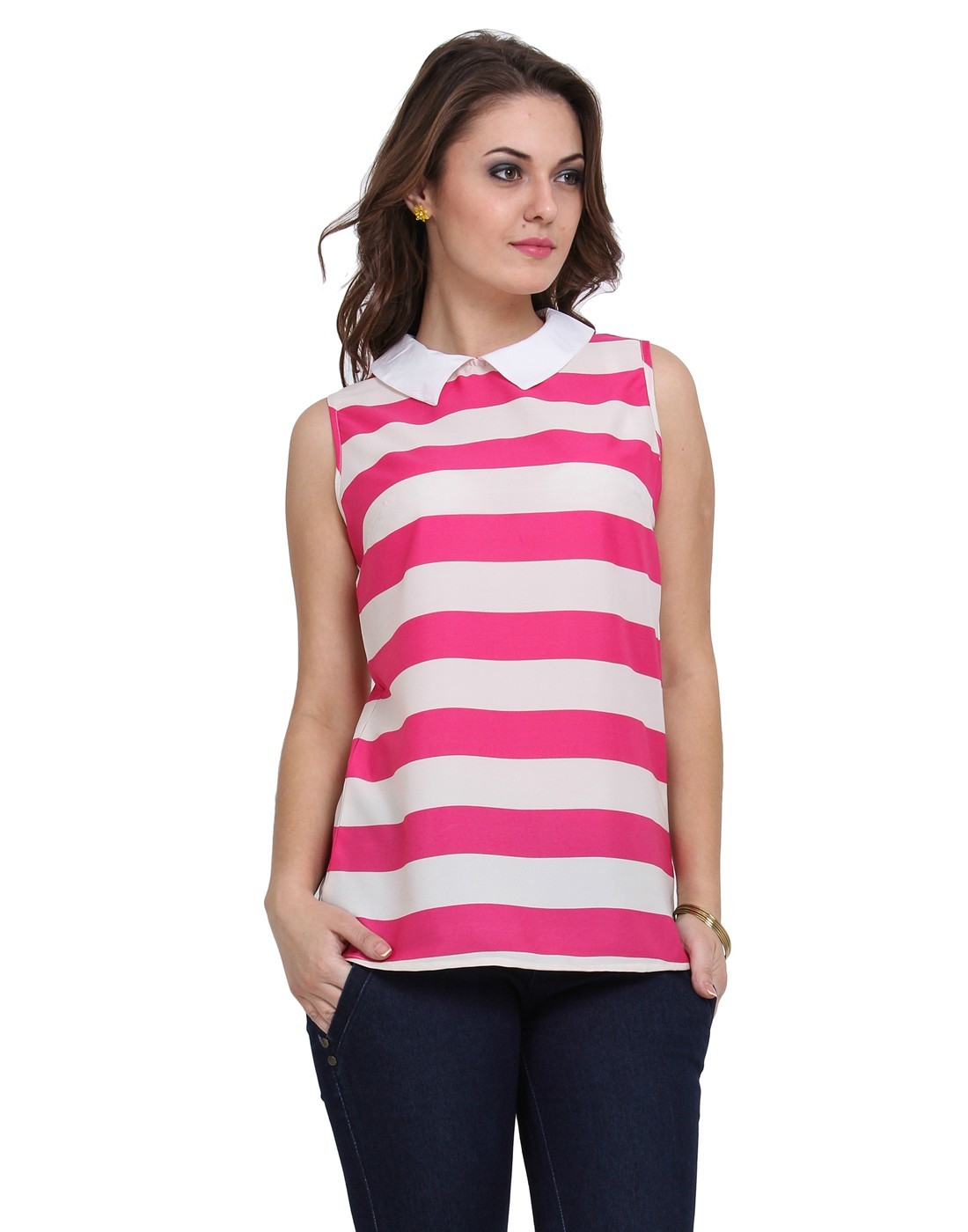 Peterpan Collar Toop - Cotton Blend, Sizes S-xxl, Pink, Sleeveless, Striped, 26 Inch Length, Comfortable Fit