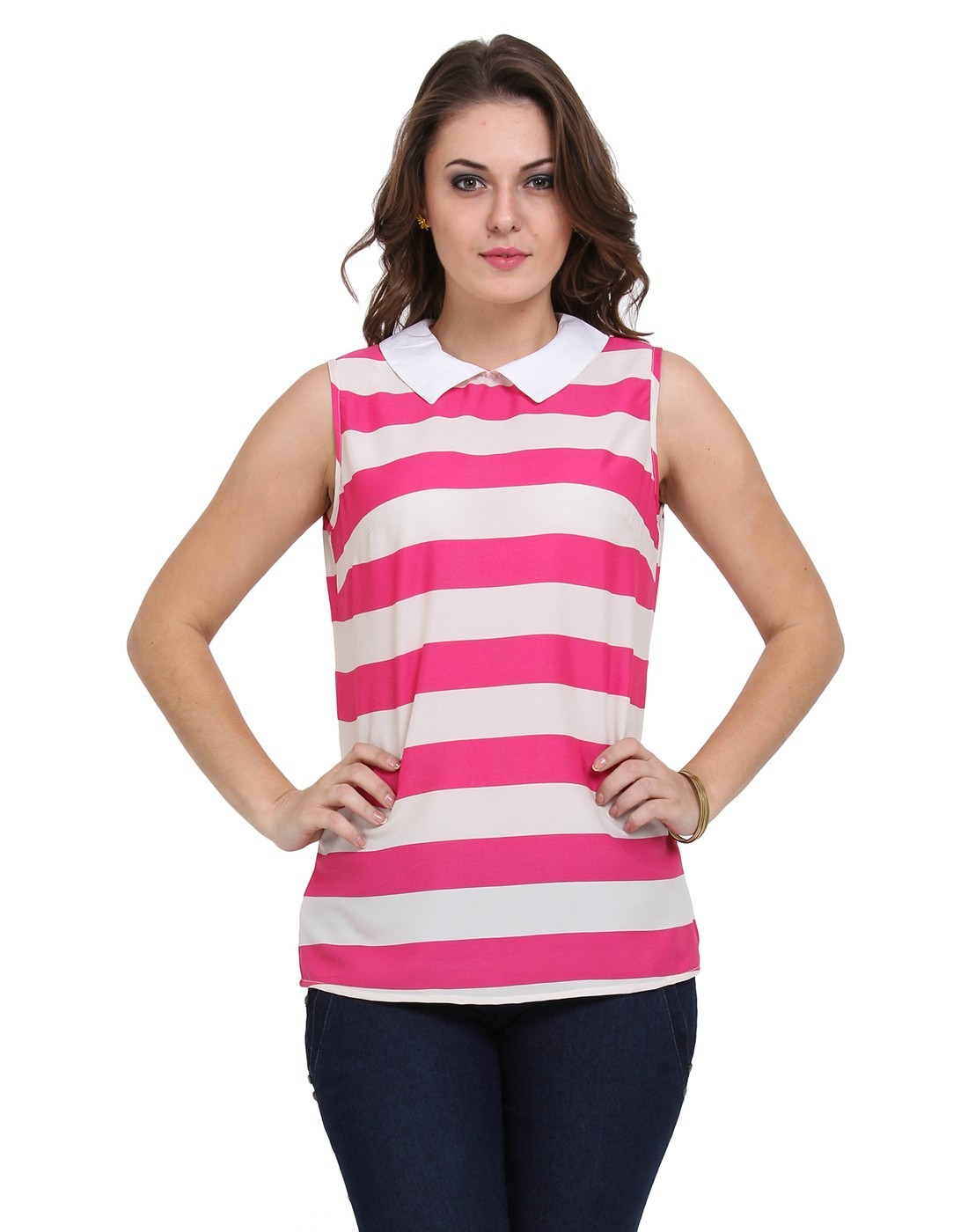 Peterpan Collar Toop - Cotton Blend, Sizes S-xxl, Pink, Sleeveless, Striped, 26 Inch Length, Comfortable Fit