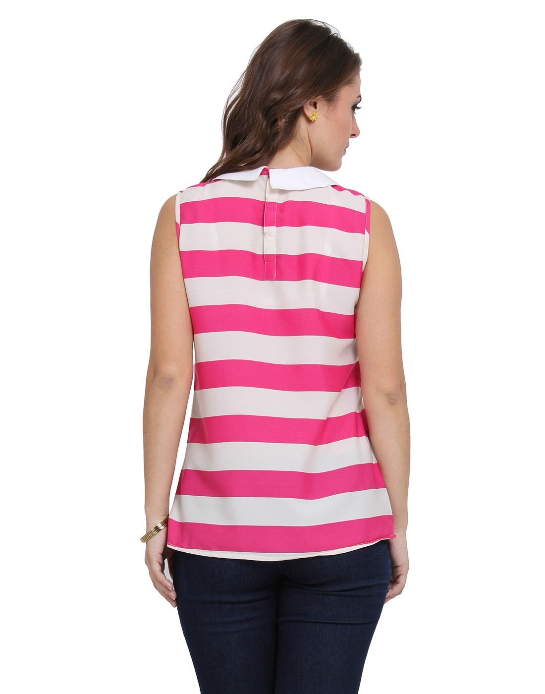 Peterpan Collar Toop - Cotton Blend, Sizes S-xxl, Pink, Sleeveless, Striped, 26 Inch Length, Comfortable Fit