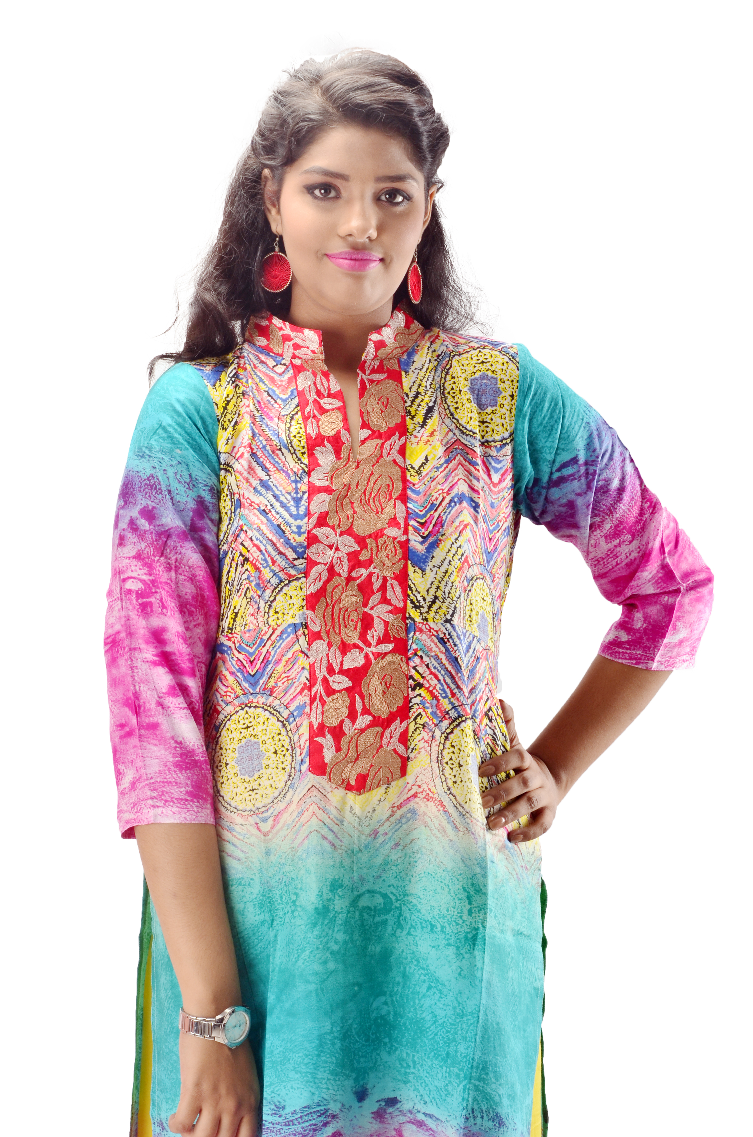 Cotton Kurtis - Cotton, Knee-length, Multicolor | Soft Fabric, Stylish Design, Comfortable Fit, Vibrant Colors, Printed Pattern, Mandarin Neckline, Three-quarter Sleeves