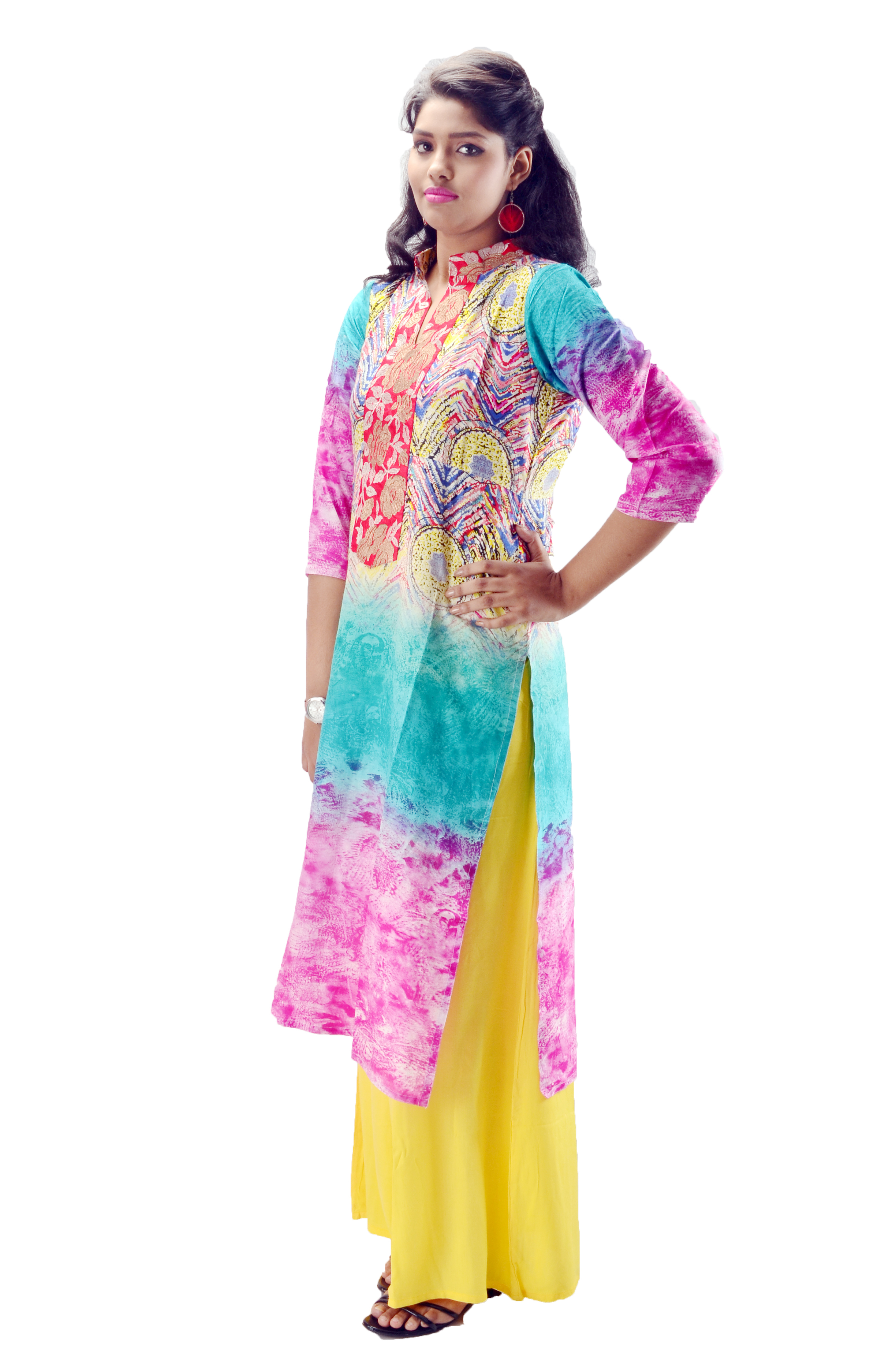 Cotton Kurtis - Cotton, Knee-length, Multicolor | Soft Fabric, Stylish Design, Comfortable Fit, Vibrant Colors, Printed Pattern, Mandarin Neckline, Three-quarter Sleeves