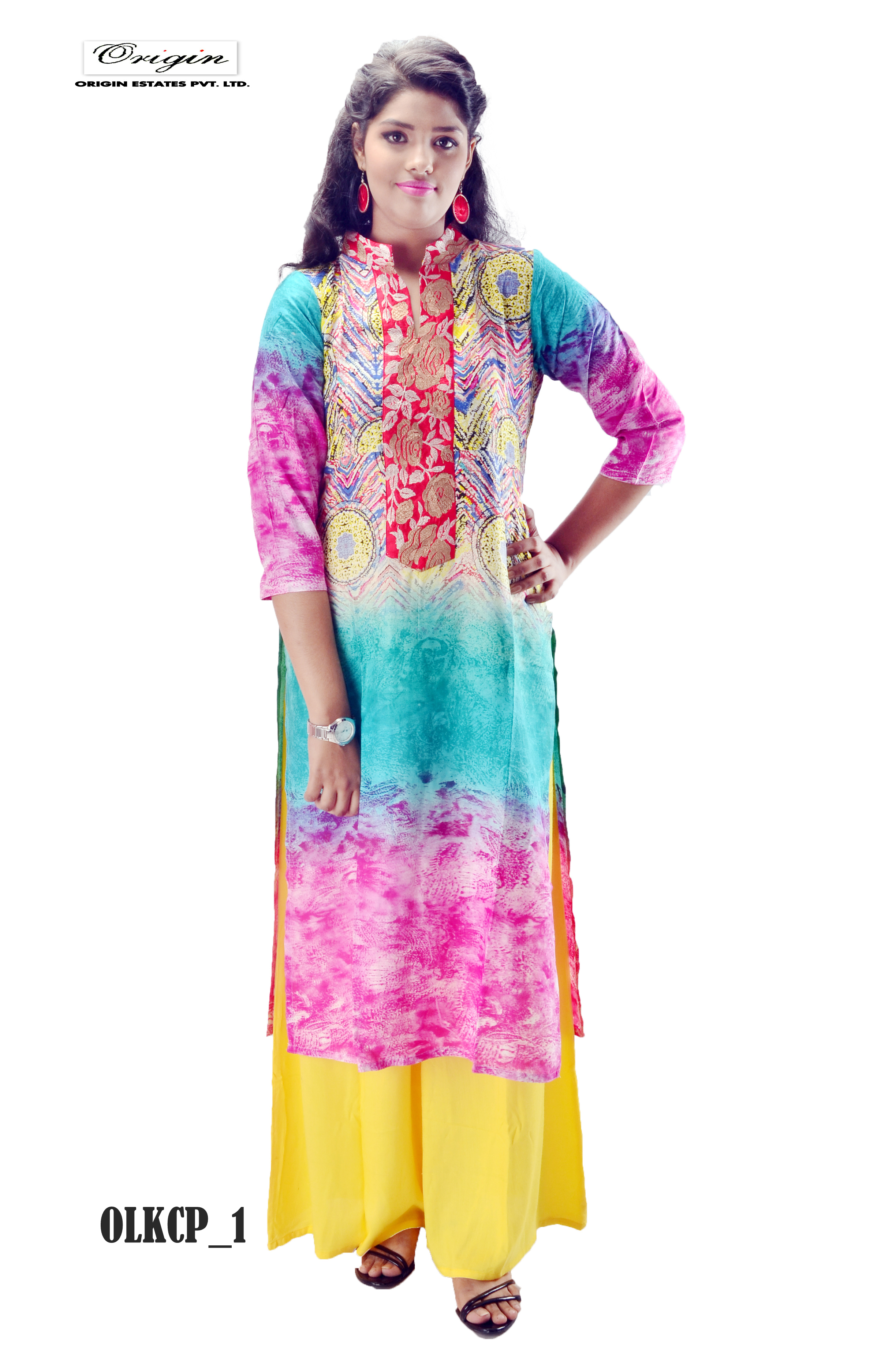 Cotton Kurtis - Cotton, Knee-length, Multicolor | Soft Fabric, Stylish Design, Comfortable Fit, Vibrant Colors, Printed Pattern, Mandarin Neckline, Three-quarter Sleeves