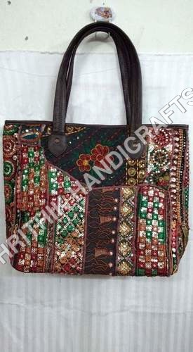 Tote Banjara Bag - Cotton Fabric, 10-14 Inch Size | Embroidered Design, Brown, Green and Red Colors, Zip Closure, Shoulder Handle