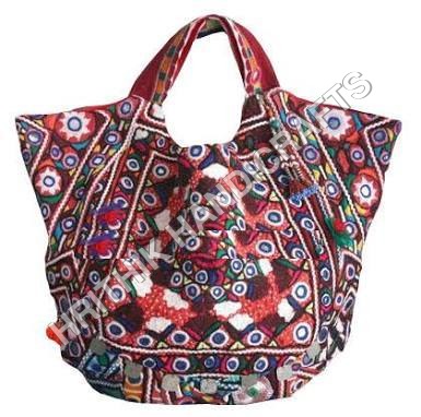 Vintage Banjara Handbag - Cotton Fabric, 8-12 Inch Size | Multi-Color, Embroidered Design, Zip Closure, Short Handles