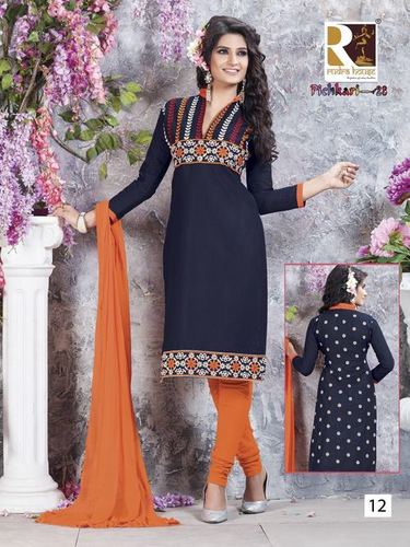 Embroidery Cotton Salwar Suits - Cotton Silk Blend, Full Sleeves, Blue and Orange, Alluring Embroidery, Breathable and Quick Dry
