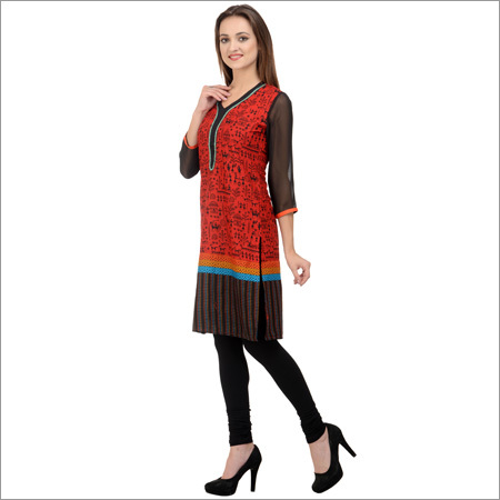 Plain Cotton Red Printed Kurti