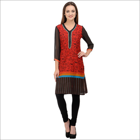 Plain Cotton Red Printed Kurti