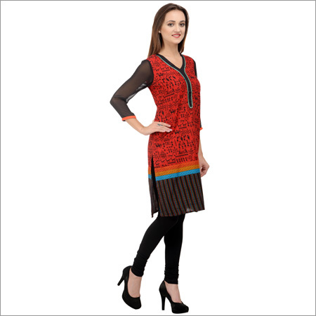 Plain Cotton Red Printed Kurti