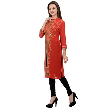 Jacket Style Embroidered Kurti With Zipper&lininga