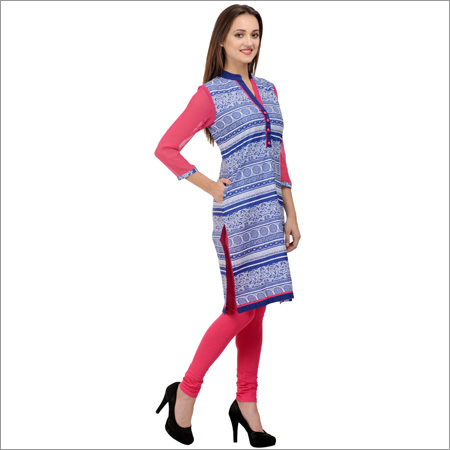 Cotton Printed Kurtis - Cotton, 44 Inches, Blue | Mandarin Collar, Pocket, 3/4 Sleeves, Regular Fit, Durable Material