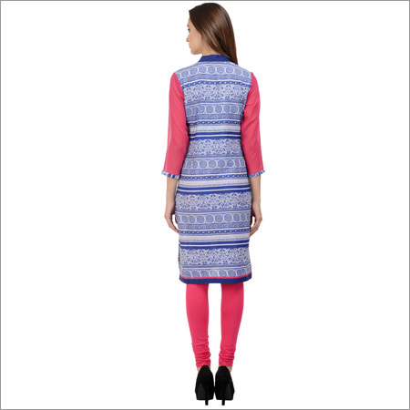 Cotton Printed Kurtis - Cotton, 44 Inches, Blue | Mandarin Collar, Pocket, 3/4 Sleeves, Regular Fit, Durable Material