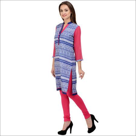 Cotton Printed Kurtis - Cotton, 44 Inches, Blue | Mandarin Collar, Pocket, 3/4 Sleeves, Regular Fit, Durable Material