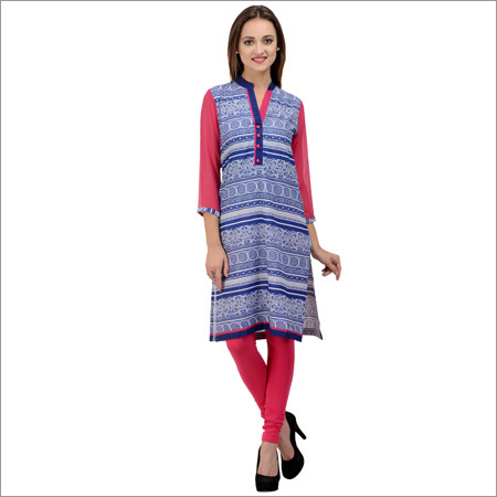 Cotton Printed Kurtis - Cotton, 44 Inches, Blue | Mandarin Collar, Pocket, 3/4 Sleeves, Regular Fit, Durable Material