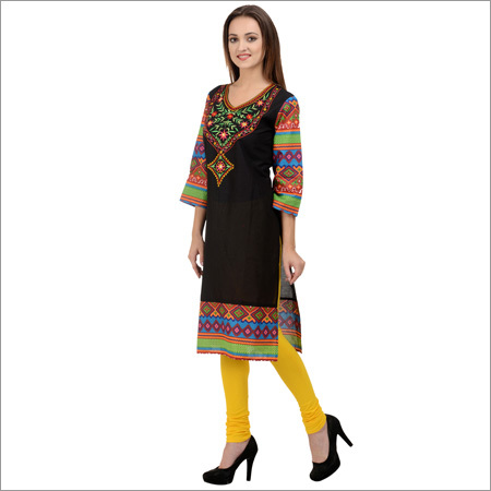 Rumara Black Embroidered Cotton Kurti - Cotton Material, Available In Sizes S To Xxl | Ethnic Style, 3-4th Sleeve, Perfect For Casual And Formal Wear