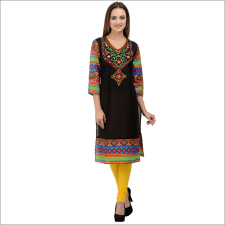 Rumara Black Embroidered Cotton Kurti - Cotton Material, Available In Sizes S To Xxl | Ethnic Style, 3-4th Sleeve, Perfect For Casual And Formal Wear