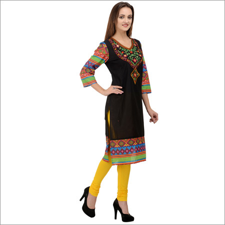 Rumara Black Embroidered Cotton Kurti - Cotton Material, Available In Sizes S To Xxl | Ethnic Style, 3-4th Sleeve, Perfect For Casual And Formal Wear