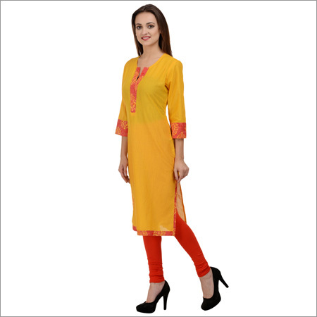 Cotton Yellow Straight Kurta With Side Pocket
