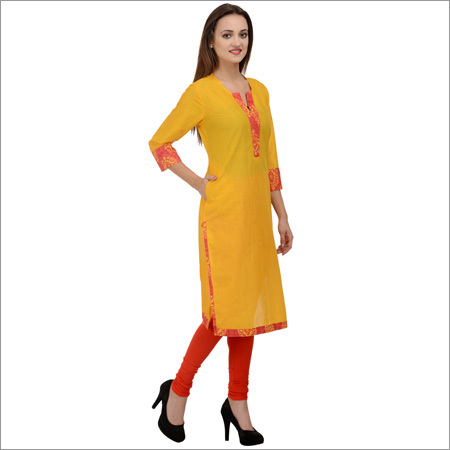 Cotton Yellow Straight Kurta With Side Pocket