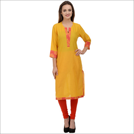 Cotton Yellow Straight Kurta With Side Pocket