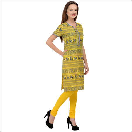 Yellow Cotton Printed Kurti